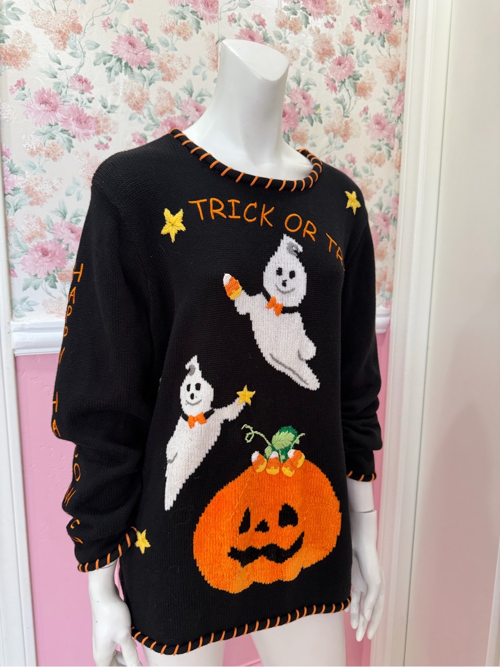 Women's Black Halloween Ghost & Pumpkin Knit Sweater